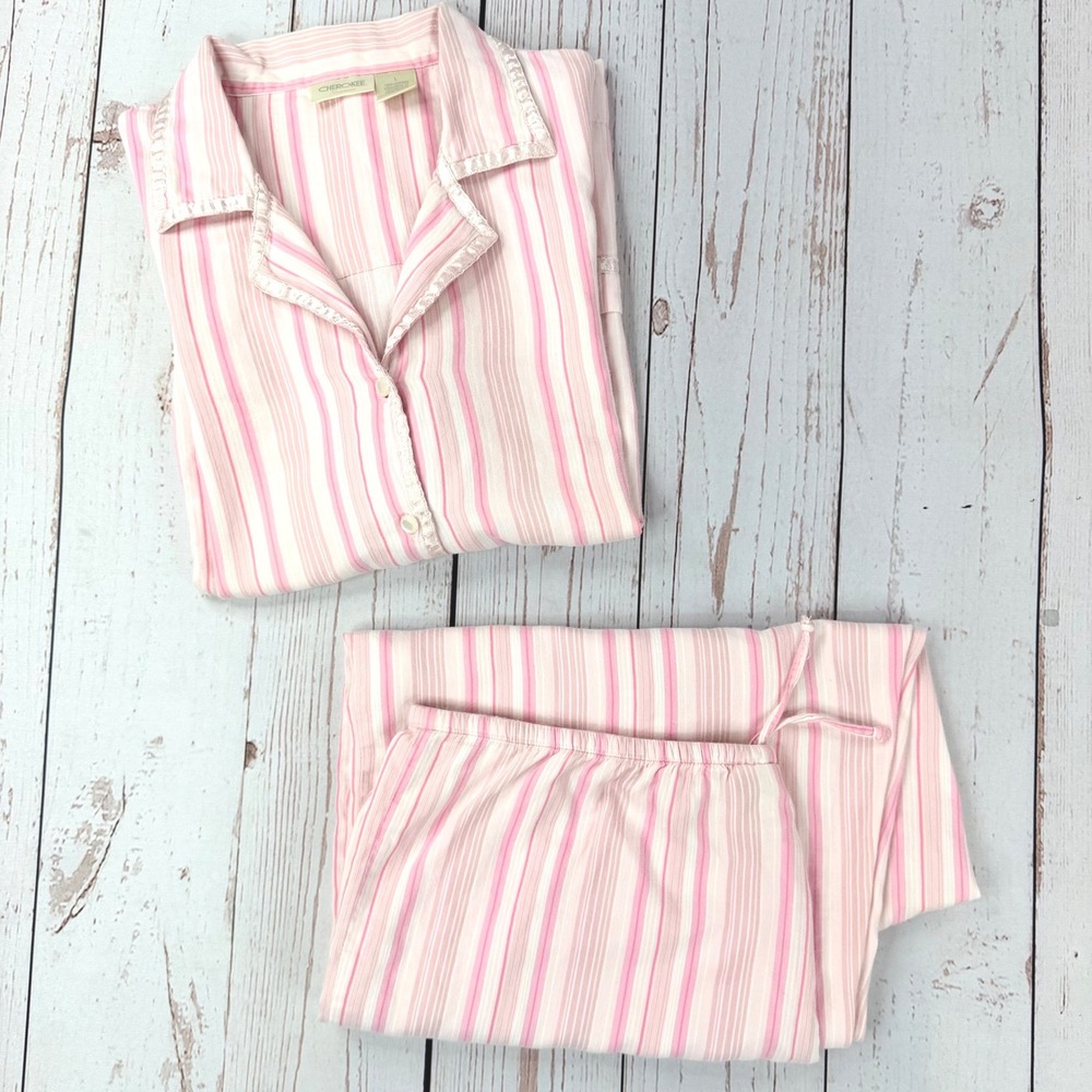 Cherokee Sleepwear Pink Striped Cotton Pajama Set Lace Trim Large L Womens